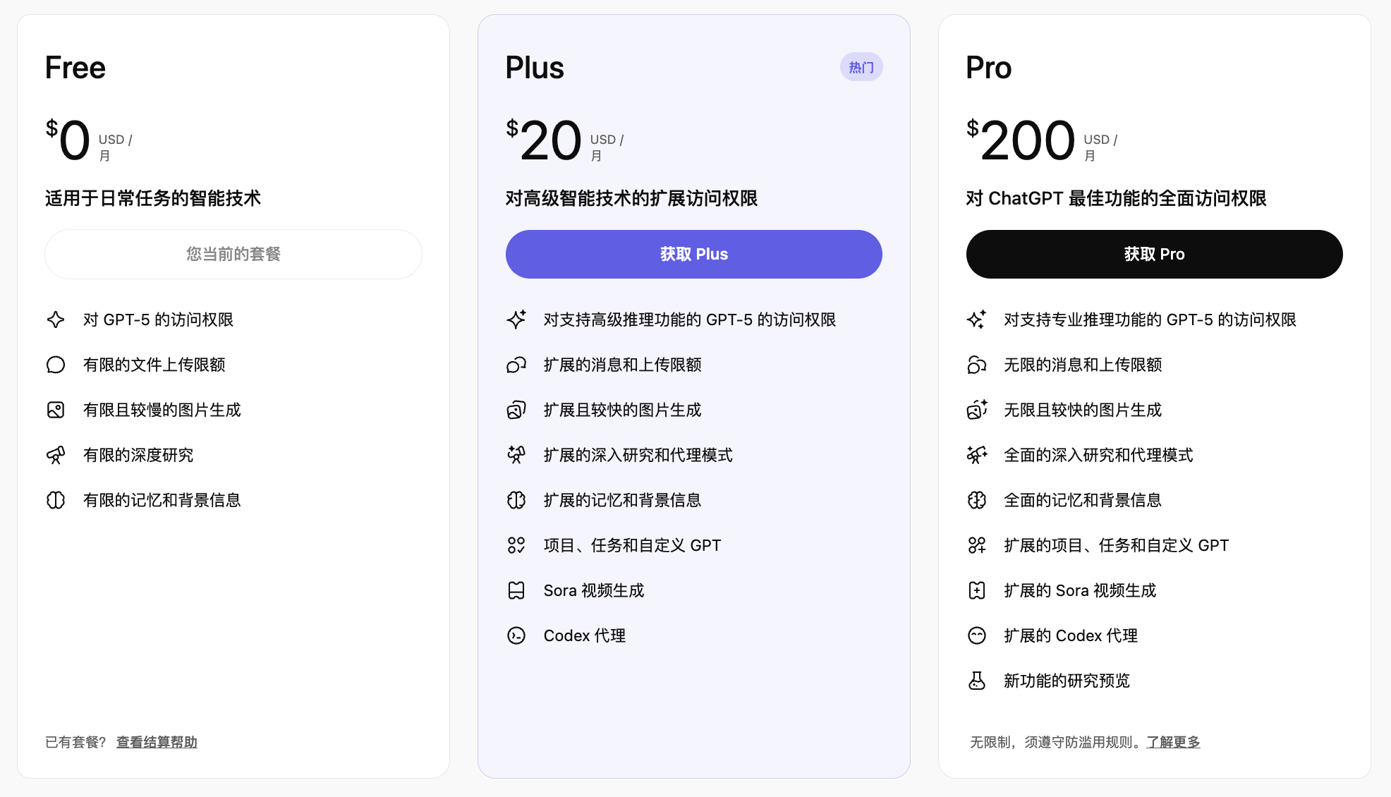 ChatGPT Plus代充文章表中介绍ChatGPT Plus和Pro的区别官网截图