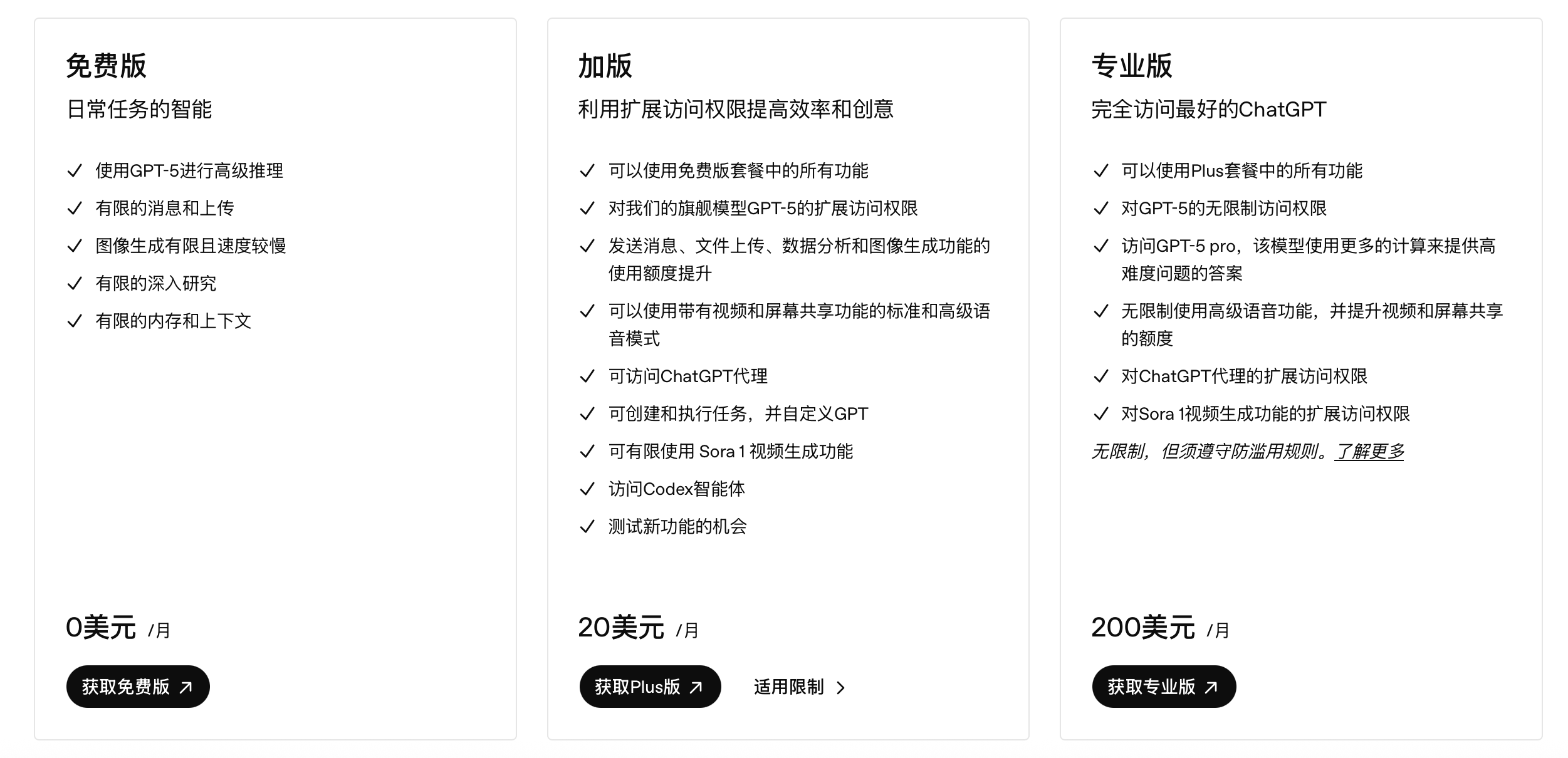 ChatGPT会员介绍会员体系截图