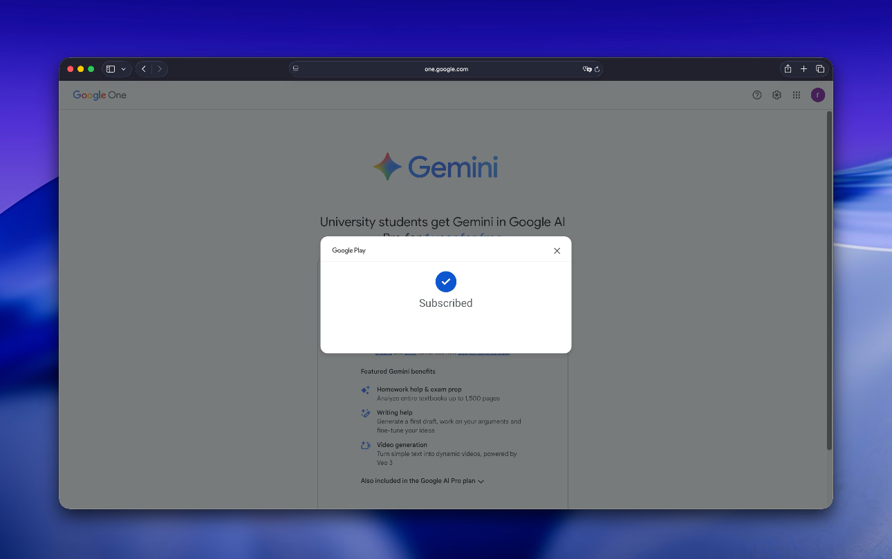 You've got Google Al Pro! Go to Gemini!成功截图
