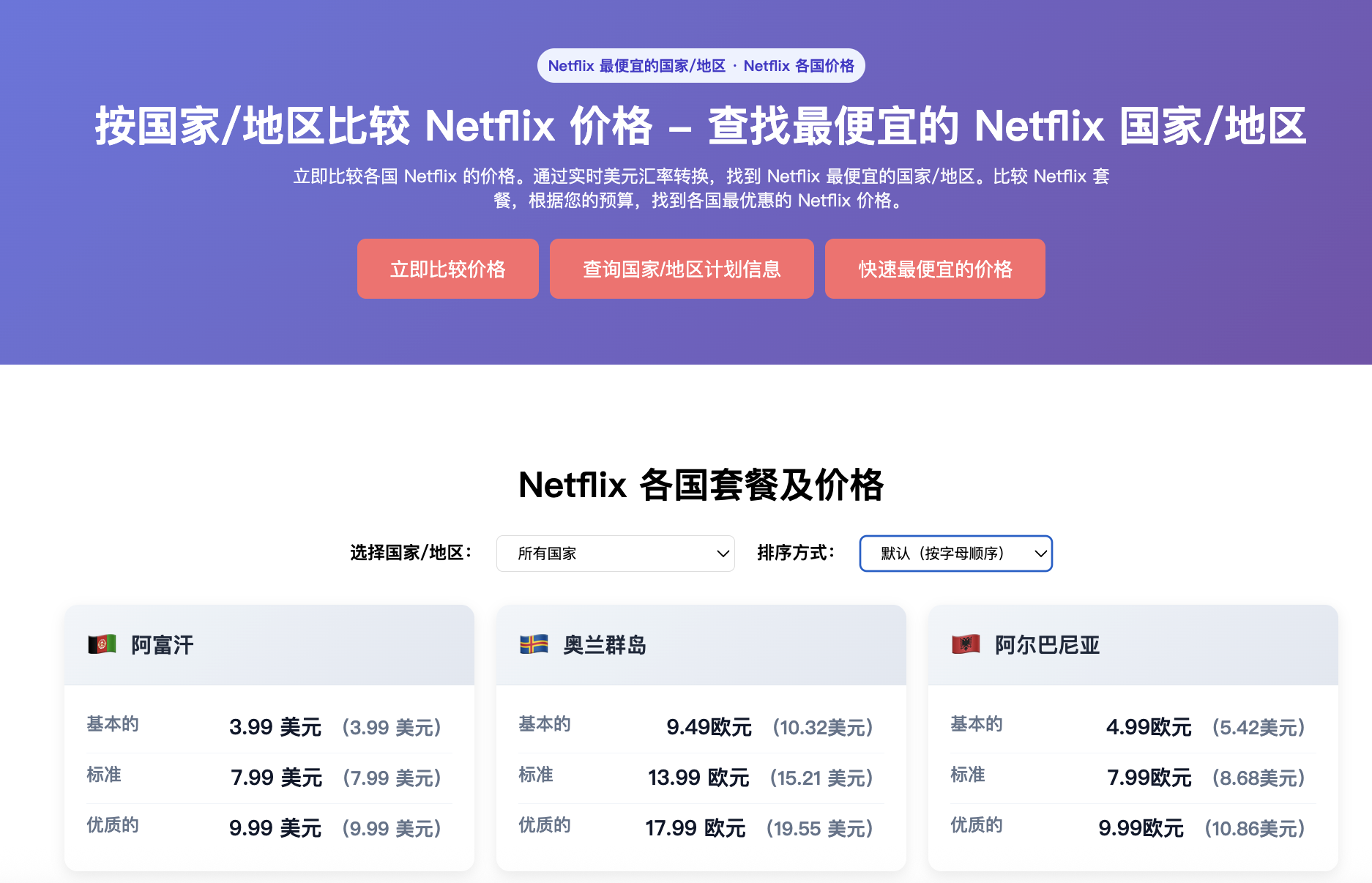 在Family Pro上面可以查找最便宜的 Netflix 国家/地区截图
